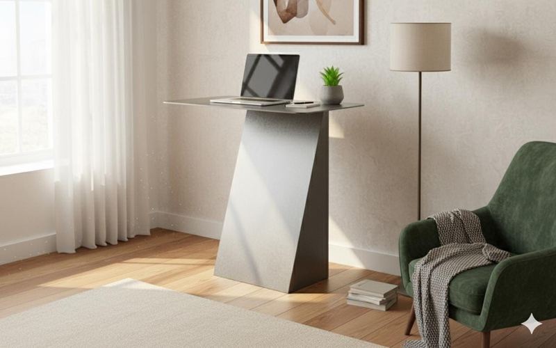 Minimalist bent metal desk with a laptop in a living room