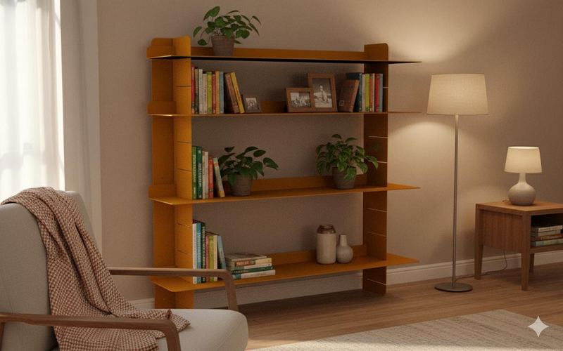 Orange wall-mounted metal bookshelf with books in a living room