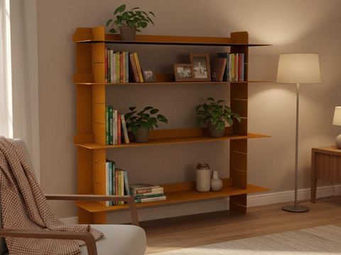 Orange wall-mounted metal bookshelf with books in a living room